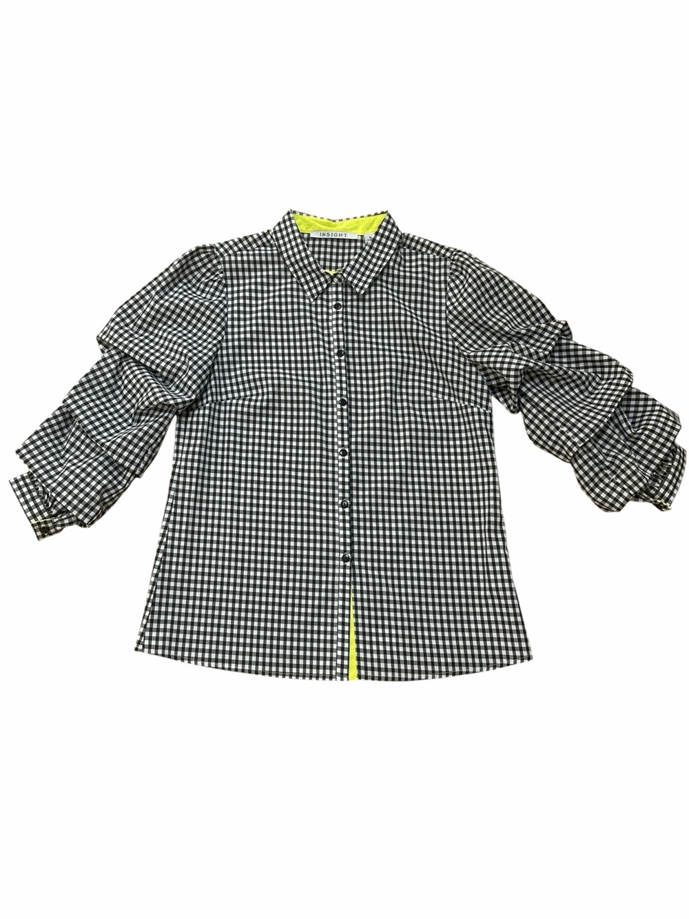 Insight Black & White Gingham Ruffle-Sleeve Button-Up Top with Neon Yellow Trim